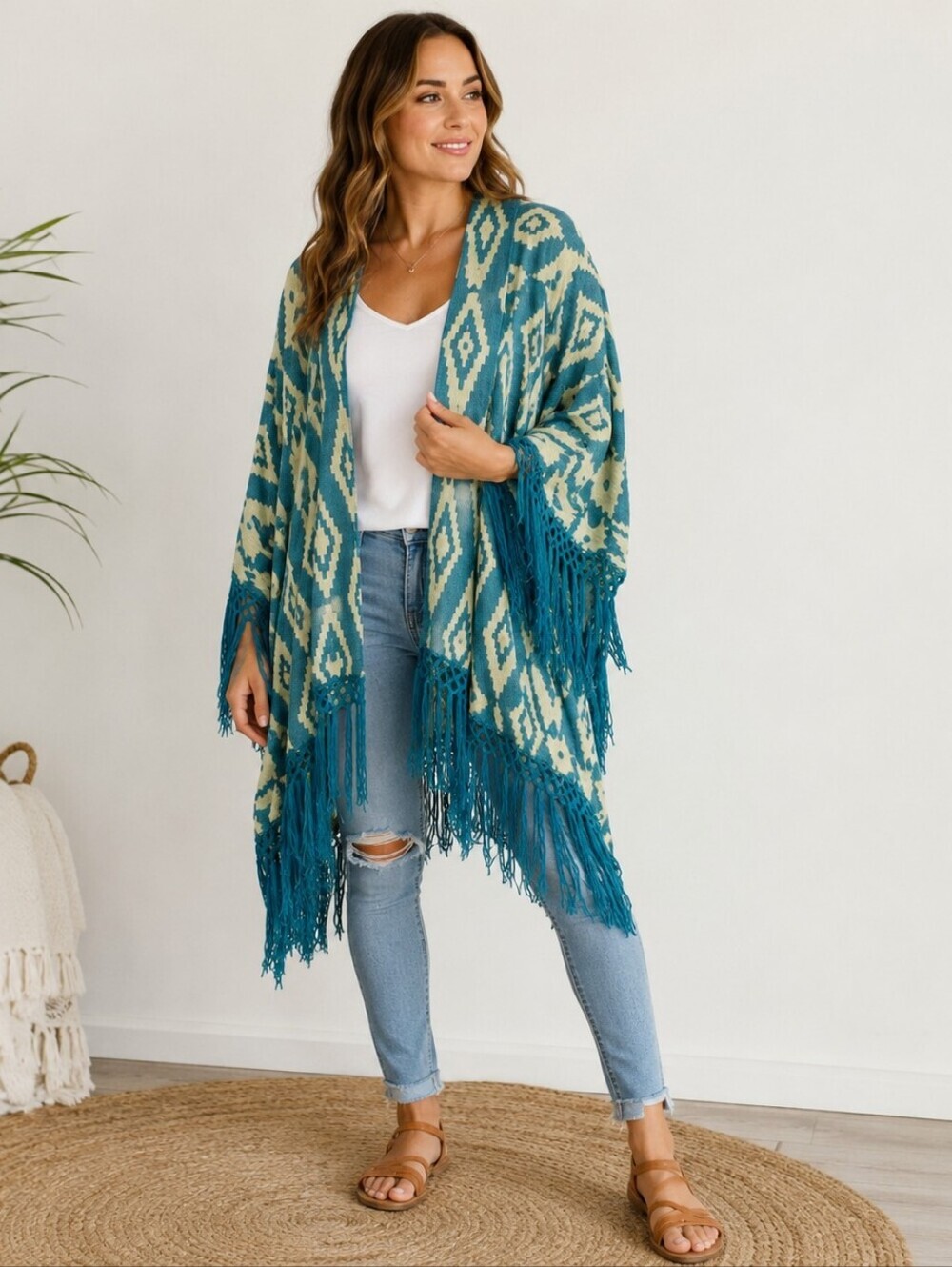 TEN79LA Aztec Fringe Kimono Cardigan Wrap NWT